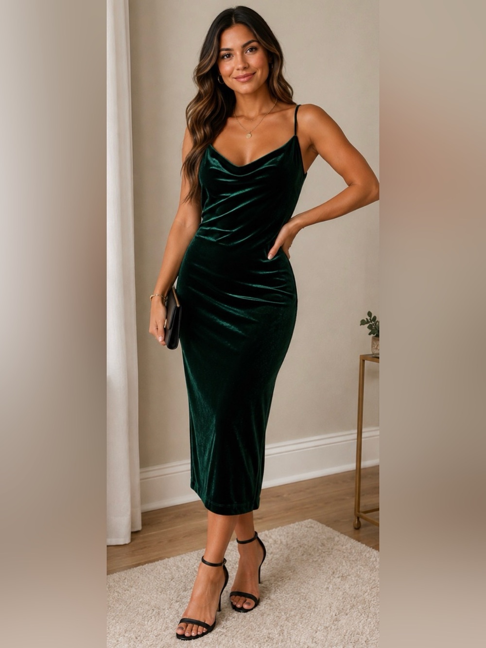 Lulu's Emerald Green Velvet Cowl Midi Dress